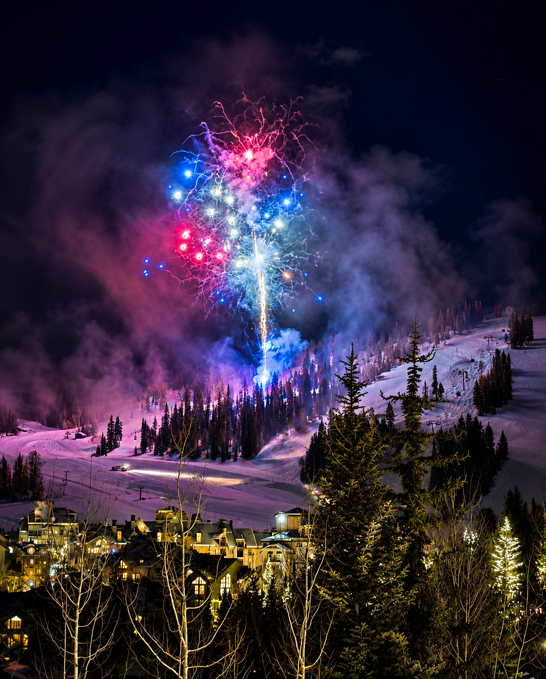 Fireworks over the mountain at Snowloft